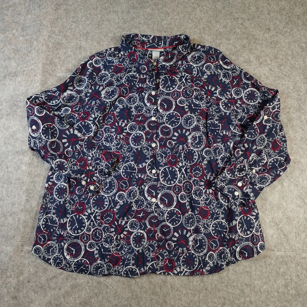 Catherines Top Womens 2X Bicycle Print Long Sleeve Button Front Casual Navy Blue